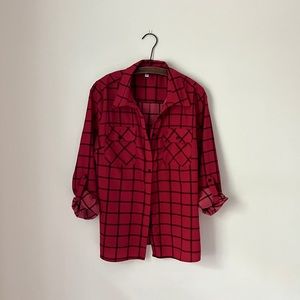 Cabin Plaid Red and Charcoal Tunic Button Up Blouse Scandinavian Loose Fit Light